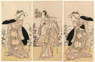 Bando Mitsugoro II en tant que Tennen no Mansaku-kitsune et Ichikawa Monnosuke III en tant que Nikaido Shinanonosuke et Iwai Hanshiro IV en tant que Okura no Kojoro-kitsune dans la scène du drame Moto Mishi Yuki Sakae Hachi-no-ki