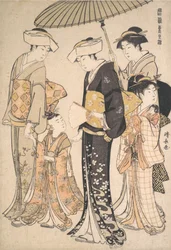 Fille samouraï de haut rang avec quatre servantes, de la série A Brocade of Eastern M..., vers 1784
