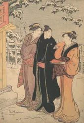 Homme en manteau noir Haori et deux femmes approchant un temple