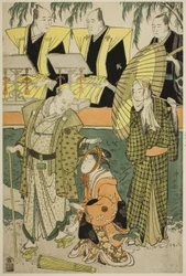Les acteurs Bando Matakuro IV en Chubei, Osagawa Tsuneyo II en Umegawa, et Nakamura Katsugoro en Magoemon, dans la pièce "Keisei Koibikyaku," jouée au théâtre Morita en mai 1783