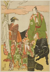 Les acteurs Ichikawa Monnosuke II en tant que Miyukinosuke, Segawa Kikunojo III en tant que Hatsune-hime, et Ichikawa Danjuro V en tant que Ninnaji no Saibei, dans le joruri "Shitenno Oe no Yamairi," joué au théâtre Kiri en novembre 1785