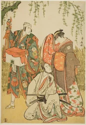 Les acteurs Ichikawa Yaozo III en Shiragiku, Ichikawa Danjuro V en marionnettiste Dekurokubei, et Sawamura Sojuro III en Soga no Juro, dans le joruri "Shinobukoi Yanagi no Katsura Otoko", joué au Théâtre Nakamura en janvier 1785