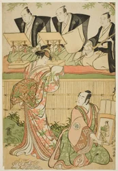 Les Acteurs Matsumoto Koshiro IV comme Ukita Sakingo et Sawamura Sojuro III comme le fantôme de la courtisane Takao, dans la pièce "Ominaeshi Sugata no Hatsuaki," jouée au Théâtre Nakamura, 1788