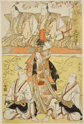Les acteurs Segawa Kikunojo III en tant que Koito, Sawamura Sojuro III en tant que moine Sainenbo, et Ichikawa Monnosuke II en tant que moine Renseibo, dans le shosa "Mata Saku Hana Museume Dojoji," joué au théâtre Nakamura au quatrième mois, 1783