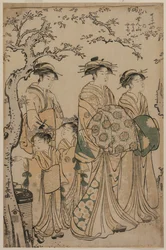 La courtisane Senzan de Chojiya se promenant avec son Kamuro Yasono et Yasoji et deux Shinzo