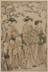 La courtisane Senzan de Chojiya se promenant avec ses Kamuro Yasono et Yasoji et deux Shinzo, 1786