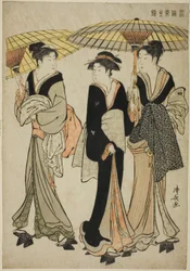 Sous les Parapluies sous une Averse, de la série "Une Brocade des Manières Orientales (Fuzoku Azuma no nishiki)"