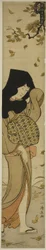 Femme avec capuche noire dans des feuilles emportées par le vent, de la série "Douze scènes de coutumes populaires"