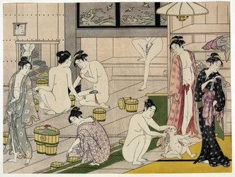 Femmes dans un bain public. Estampe japonaise de Torii Kiyonaga (1752-1815), vers 1785. École Torii (ukiyo-e ou ukiyoe).