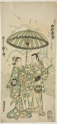 Les acteurs Ichimura Kamezo I comme Kanto Koroku et Arashi Tominosuke I comme Hayasaki dans la pièce "Hokazo Yunzei Hachinoki," jouée au théâtre Ichimura en novembre 1748