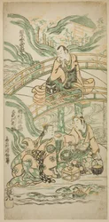 Les acteurs Matsumoto Koshiro II comme Kumasaka Chohan, Ichimura Kamezo I comme Ise no Saburo, et Sanogawa Ichimatsu I comme Ushiwakamaru dans la pièce "Hatsu Tora Kurama Genji," jouée au théâtre Ichimura en janvier 1749