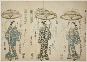 Les acteurs Onoe Kikugoro I (à droite), Sanogawa Ichimatsu I (au centre), et Sanogawa Senzo (à gauche), du triptyque "Negura sanpukutsui"