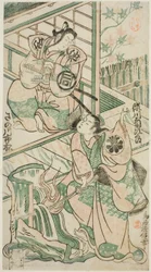 Les acteurs Sanogawa Ichimatsu I en Ike no Shoji et Segawa Kikujiro I en Hitachi Kohagi dans la pièce "Mangetsu Oguri Yakata," jouée au théâtre Ichimura en août 1747
