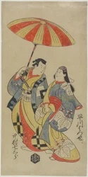 Nakamura Shichisaburo_ en tant que Chihara Sakonnosuke et Hayakawa Hatsuse en tant que la courtisane Okuni, août 1702