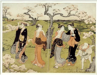 Pique-nique sous les cerisiers en fleurs à Assaakayama. Estampe japonaise de Torii Kiyonaga (1752-1815), style Ukiyo-E
