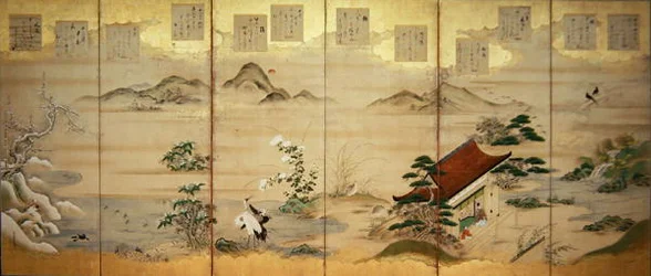 Écran à six panneaux avec des oiseaux et des fleurs des douze mois