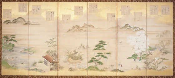 Écran à six panneaux avec des oiseaux et des fleurs des douze mois
