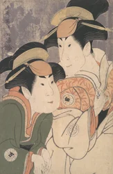 Segawa Tomisaburo II et Nakamura Manyo comme Yadorigi et sa servante Wakakusa dans la pièce Han..., 1794