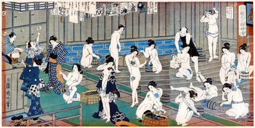 Scène de maison de bain, une estampe de Toyohara Kunichika, 19e siècle