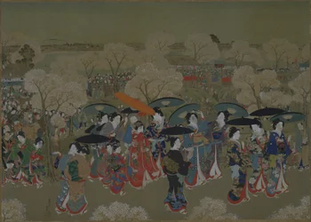 Beautés admirant les cerisiers en fleurs sur la rivière Sumida