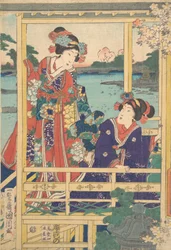 Deux beautés au jardin de printemps avec un étang, vers le 2e mois, 1864