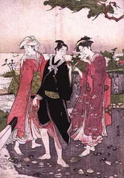 Deux filles et un jeune homme sur une plage, pub. c.1780
