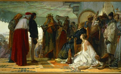 Marco Polo devant le Grand Khan des Tartares ... (peinture sur toile)