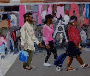 Acheteurs du marché (Deptford, Londres), 2018 (huile sur carton)