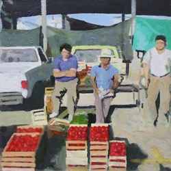Trois hommes vendant des tomates (San Juan, Argentine), 2014 (huile sur carton)