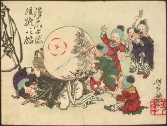 Des enfants gonflant le ventre de Hotei et le peignant comme un bonbon