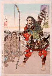Chinzei Hachirō Tametomo avec deux insulaires sur la plage d