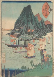 Cinquante-trois stations de Suehiro : Guerrier regardant un navire à vapeur passant, vers 1865