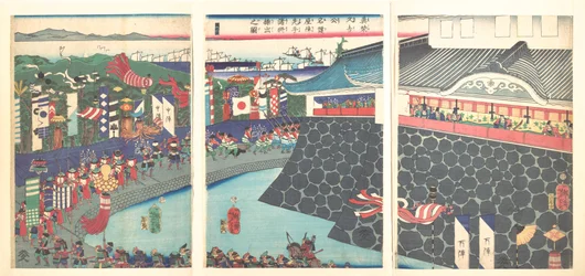 Hideyoshi et ses troupes quittant le camp de Nagoya (Mashiba Hideyoshi kō nagoya jin saki te no shoshō kuridashi no zu)