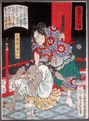 Ōhara Takejirō Takematsu maîtrisant un démon chauve