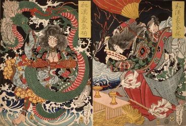 Tawaraya Tda et un dragon et Ono no Komachi priant pour la pluie de la série Valeur en Chine et au Japon, 1868