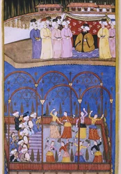 Danseurs et musiciens devant le sultan et sa cour, extrait de Sur-Nama