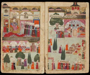 Le couronnement du sultan ottoman Mehmet III (1566-1603) au palais Topkapi, en 1595 (tiré du manuscrit La campagne de Mehmed III en Hongrie) - vers 1600