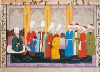 Miniature ottomane représentant un ambassadeur européen à la cour du palais de Topkapi, manuscrit, Turquie