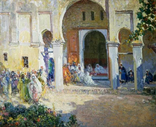 Le Jugement du Pacha, Fès 1924, peinture par Ulisse Caputo, 80x100 cm, Italie, 20e siècle
