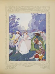 Il y avait des bergers et des bergères dansant au son des flûtes et des cornemuses, illustration de 