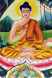 20151029, Vientiane, Laos : temple bouddhiste Wat Inpeng. Peinture représentant la vie du Bouddha Shakyamuni. Le Bouddha enseignant représente un moment particulier de la vie du Bouddha, à savoir le premier sermon qu