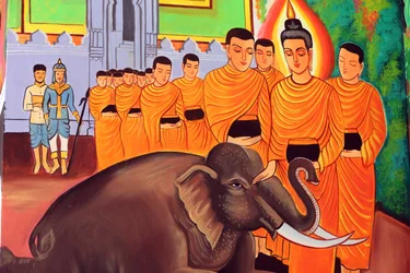 20151029, Vientiane, Laos : Temple bouddhiste Wat Si Muang (Simuong). Peinture représentant l