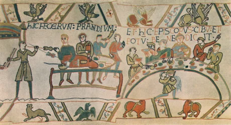 Un festin (détail) de la Tapisserie de Bayeux, fin du XIe siècle, 1944