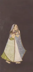 Une dame marchant la nuit tenant une lampe à huile