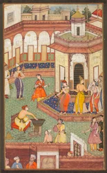 Un homme plonge sa main dans un chaudron alors que les dames du harem sont stupéfaites..., vers 1600
