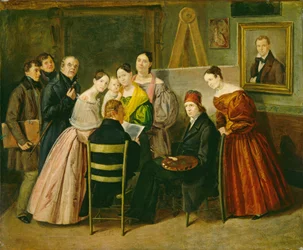 Un peintre et des visiteurs dans un studio