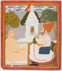 Un noble Rathor visitant un saint homme Digambara à un sanctuaire de Vishnu, probablement Baba Atmaram, vers 1760