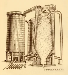 Ensemble de hauts fourneaux modernes montrés en section, vers 1930
