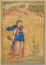 Une figure féminine debout dans un paysage tenant un khuuchir à quatre cordes et un lotus, vers 1590