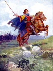 Un chevalier chevauchant un cheval cabré